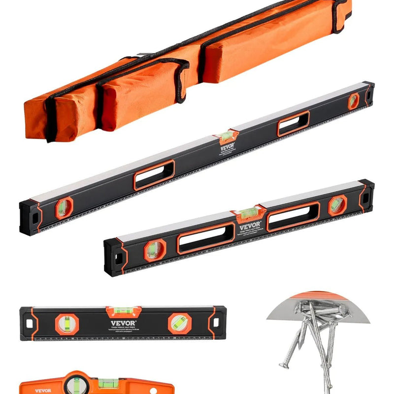 VEVOR 4 gabalu magnētisko torpēdas līmeņrāžu komplekts 1220/610/406/254 mm ar fluorescējošiem burbuļlīmeņiem, 45°/90°/180° lineālu, alumīnija sakausējuma līmeņošanas instrumentiem ar collu un metrisko skalu - ZEMLETES.LV