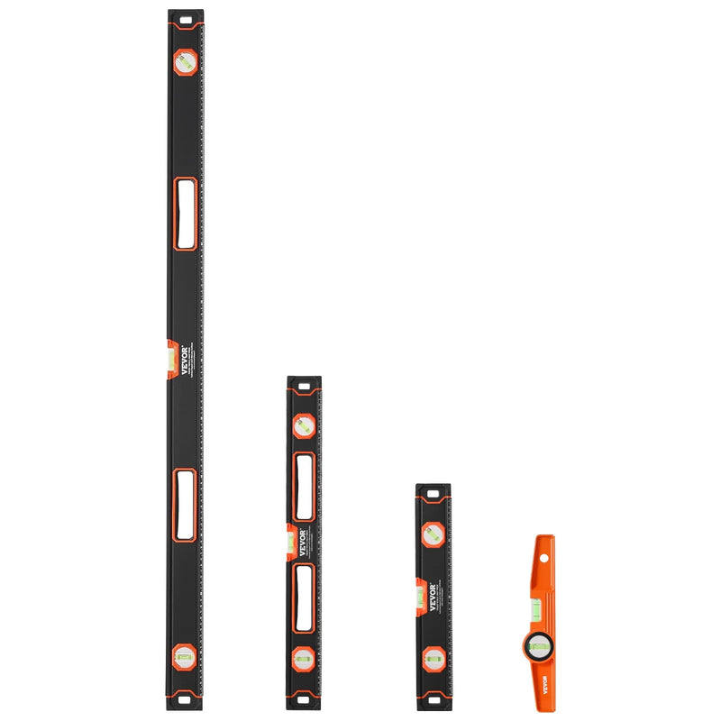 VEVOR 4 gabalu magnētisko torpēdas līmeņrāžu komplekts 1220/610/406/254 mm ar fluorescējošiem burbuļlīmeņiem, 45°/90°/180° lineālu, alumīnija sakausējuma līmeņošanas instrumentiem ar collu un metrisko skalu - ZEMLETES.LV