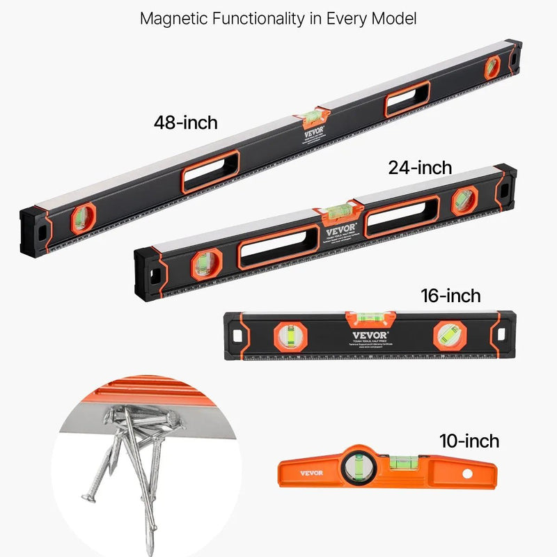 VEVOR 4 gabalu magnētisko torpēdas līmeņrāžu komplekts 1220/610/406/254 mm ar fluorescējošiem burbuļlīmeņiem, 45°/90°/180° lineālu, alumīnija sakausējuma līmeņošanas instrumentiem ar collu un metrisko skalu - ZEMLETES.LV
