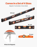 VEVOR 4 gabalu magnētisko torpēdas līmeņrāžu komplekts 1220/610/406/254 mm ar fluorescējošiem burbuļlīmeņiem, 45°/90°/180° lineālu, alumīnija sakausējuma līmeņošanas instrumentiem ar collu un metrisko skalu - ZEMLETES.LV