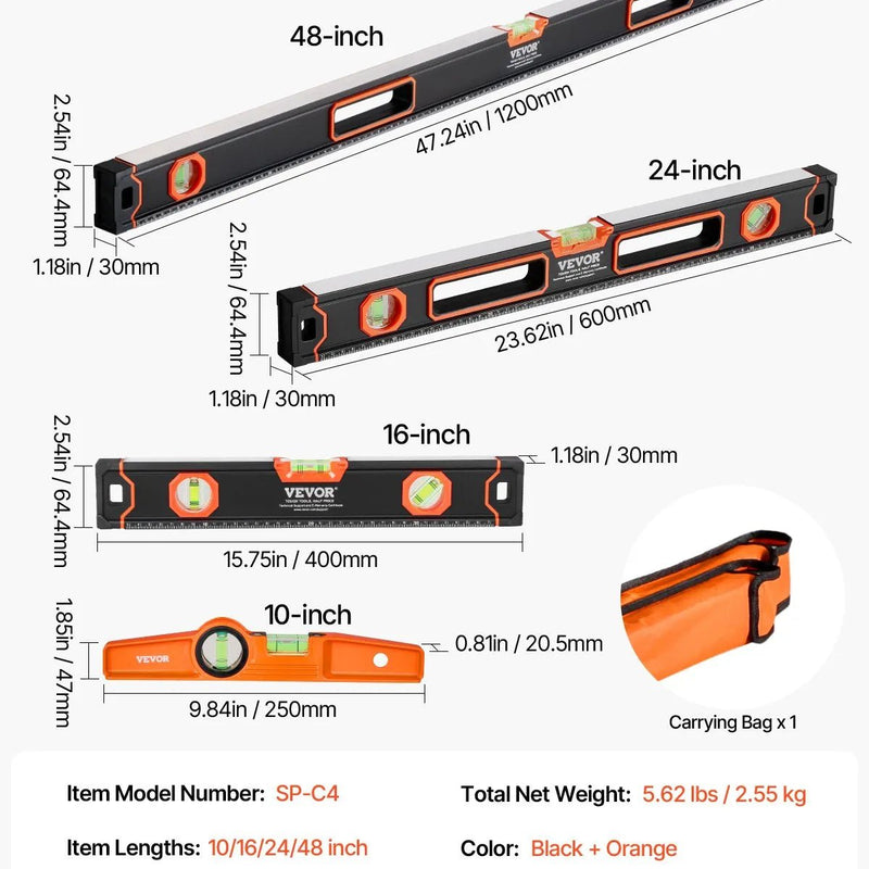 VEVOR 4 gabalu magnētisko torpēdas līmeņrāžu komplekts 1220/610/406/254 mm ar fluorescējošiem burbuļlīmeņiem, 45°/90°/180° lineālu, alumīnija sakausējuma līmeņošanas instrumentiem ar collu un metrisko skalu - ZEMLETES.LV