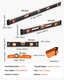 VEVOR 4 gabalu magnētisko torpēdas līmeņrāžu komplekts 1220/610/406/254 mm ar fluorescējošiem burbuļlīmeņiem, 45°/90°/180° lineālu, alumīnija sakausējuma līmeņošanas instrumentiem ar collu un metrisko skalu - ZEMLETES.LV