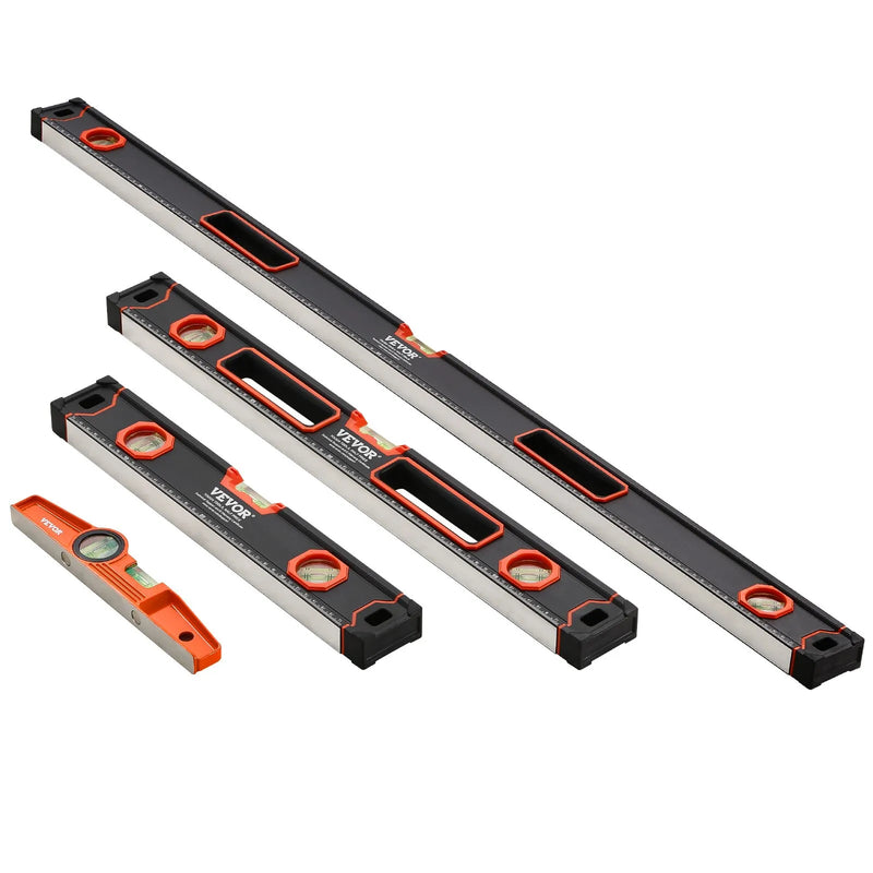 VEVOR 4 gabalu magnētisko torpēdas līmeņrāžu komplekts 1220/610/406/254 mm ar fluorescējošiem burbuļlīmeņiem, 45°/90°/180° lineālu, alumīnija sakausējuma līmeņošanas instrumentiem ar collu un metrisko skalu - ZEMLETES.LV