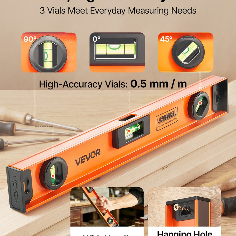 VEVOR 4 gabalu magnētisko līmeņrāžu komplekts 400/600/900/1200 mm ar alumīnija I - veida korpusu, 3 zaļiem burbuļlīmeņiem un piekares atveri, piemērots bilžu karināšanai, mājas uzlabošanai un DIY darbiem - ZEMLETES.LV