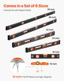 VEVOR 6 gabalu torpēdas līmeņrāžu komplekts 1981/1220/813/610/406/254 mm ar burbuļlīmeņiem, 45°/90°/180° lineālu, triecienizturīgiem alumīnija sakausējuma līmeņrāžiem un collu/metrisko skalu, magnēts tikai 254 mm modelim - ZEMLETES.LV