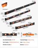 VEVOR 6 gabalu torpēdas līmeņrāžu komplekts 1981/1220/813/610/406/254 mm ar burbuļlīmeņiem, 45°/90°/180° lineālu, triecienizturīgiem alumīnija sakausējuma līmeņrāžiem un collu/metrisko skalu, magnēts tikai 254 mm modelim - ZEMLETES.LV