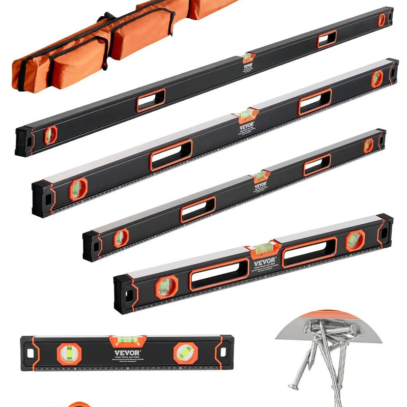 VEVOR 6 gabalu magnētisko torpēdas līmeņrāžu komplekts 1981/1220/813/610/406/254 mm ar burbuļlīmeņiem, 45°/90°/180° lineālu, alumīnija sakausējuma magnētiskajiem līmeņrāžiem, triecienizturīgu konstrukciju un collu un metrisko skalu - ZEMLETES.LV