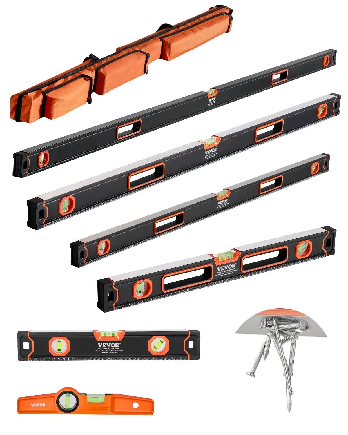 VEVOR 6 gabalu magnētisko torpēdas līmeņrāžu komplekts 1981/1220/813/610/406/254 mm ar burbuļlīmeņiem, 45°/90°/180° lineālu, alumīnija sakausējuma magnētiskajiem līmeņrāžiem, triecienizturīgu konstrukciju un collu un metrisko skalu - ZEMLETES.LV