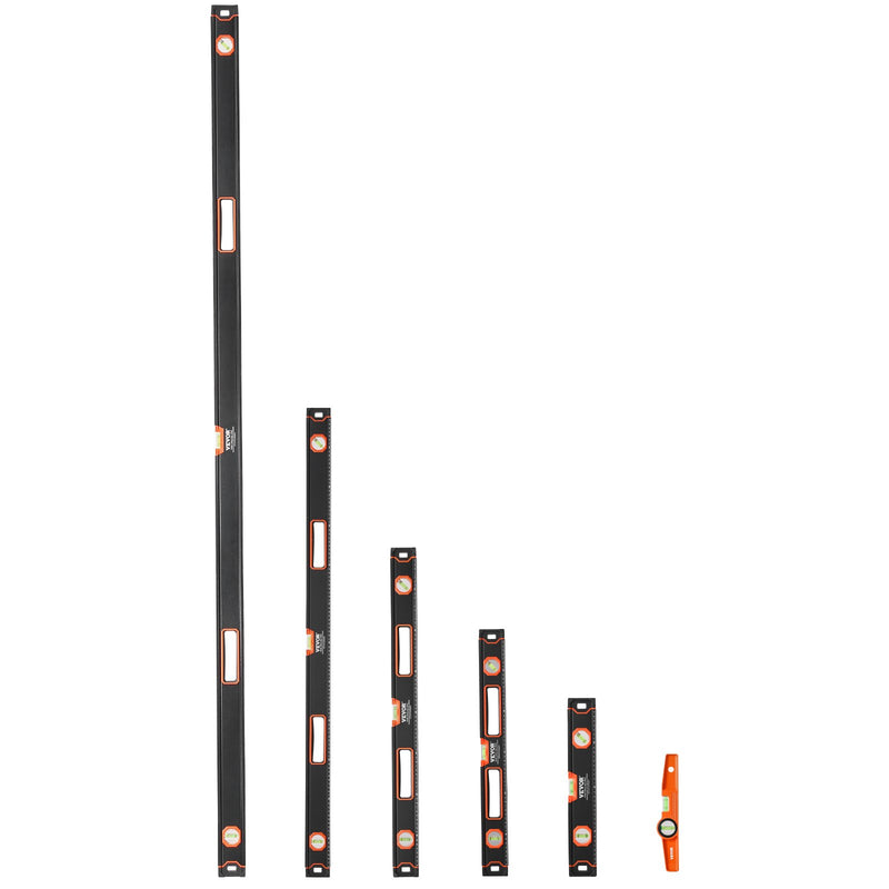 VEVOR 6 gabalu magnētisko torpēdas līmeņrāžu komplekts 1981/1220/813/610/406/254 mm ar burbuļlīmeņiem, 45°/90°/180° lineālu, alumīnija sakausējuma magnētiskajiem līmeņrāžiem, triecienizturīgu konstrukciju un collu un metrisko skalu - ZEMLETES.LV