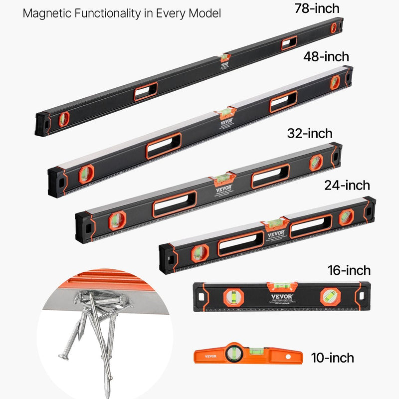 VEVOR 6 gabalu magnētisko torpēdas līmeņrāžu komplekts 1981/1220/813/610/406/254 mm ar burbuļlīmeņiem, 45°/90°/180° lineālu, alumīnija sakausējuma magnētiskajiem līmeņrāžiem, triecienizturīgu konstrukciju un collu un metrisko skalu - ZEMLETES.LV