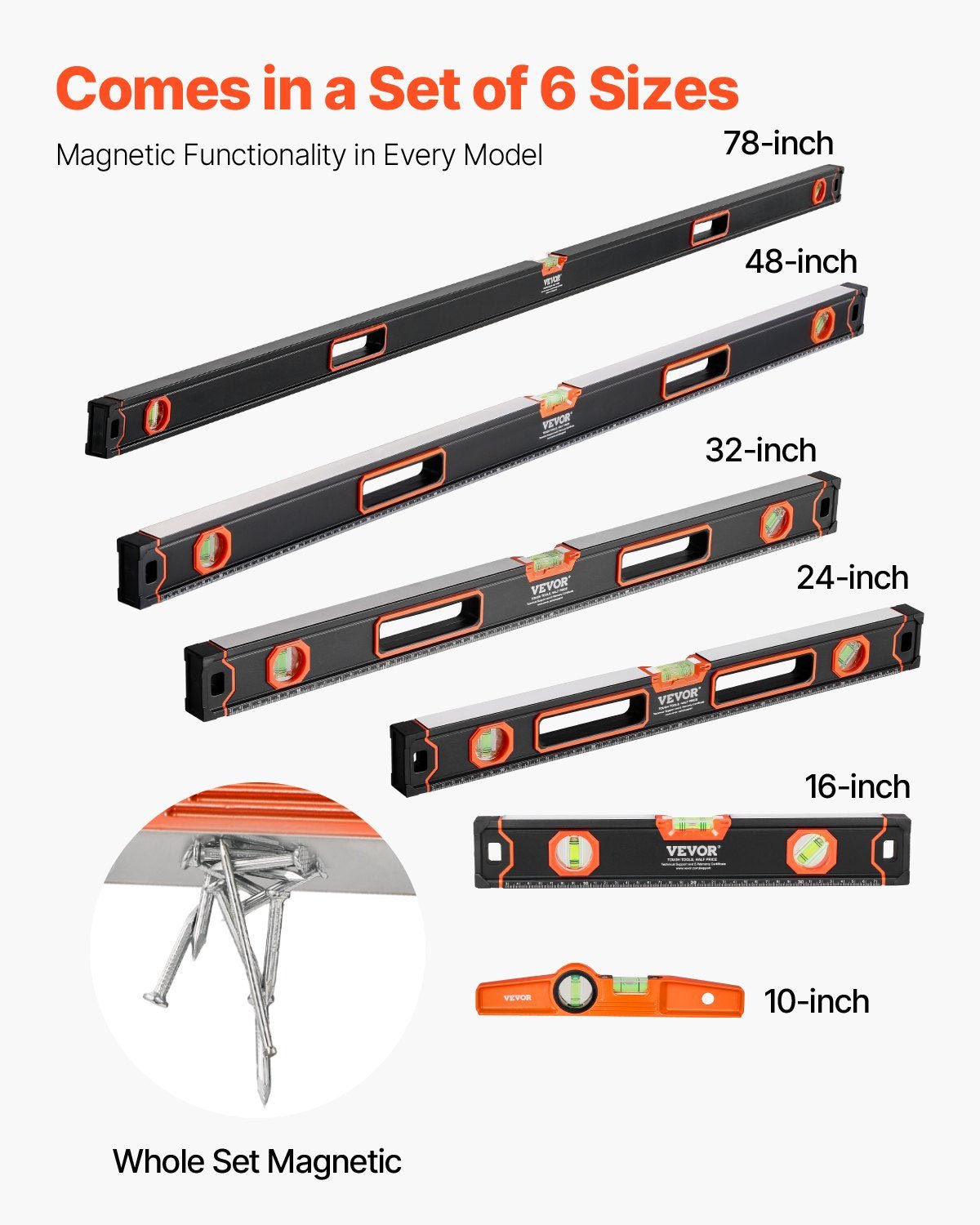 VEVOR 6 gabalu magnētisko torpēdas līmeņrāžu komplekts 1981/1220/813/610/406/254 mm ar burbuļlīmeņiem, 45°/90°/180° lineālu, alumīnija sakausējuma magnētiskajiem līmeņrāžiem, triecienizturīgu konstrukciju un collu un metrisko skalu - ZEMLETES.LV