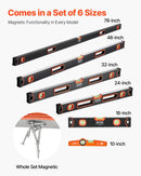 VEVOR 6 gabalu magnētisko torpēdas līmeņrāžu komplekts 1981/1220/813/610/406/254 mm ar burbuļlīmeņiem, 45°/90°/180° lineālu, alumīnija sakausējuma magnētiskajiem līmeņrāžiem, triecienizturīgu konstrukciju un collu un metrisko skalu - ZEMLETES.LV