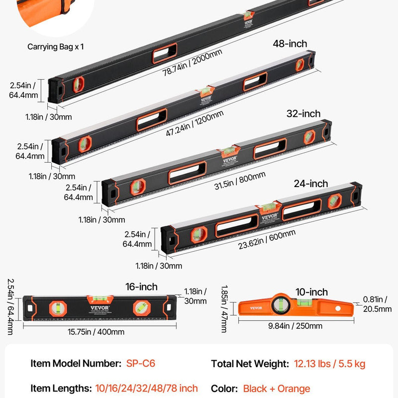 VEVOR 6 gabalu magnētisko torpēdas līmeņrāžu komplekts 1981/1220/813/610/406/254 mm ar burbuļlīmeņiem, 45°/90°/180° lineālu, alumīnija sakausējuma magnētiskajiem līmeņrāžiem, triecienizturīgu konstrukciju un collu un metrisko skalu - ZEMLETES.LV
