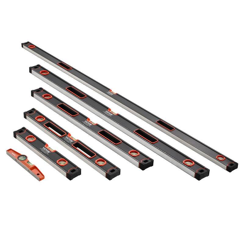 VEVOR 6 gabalu magnētisko torpēdas līmeņrāžu komplekts 1981/1220/813/610/406/254 mm ar burbuļlīmeņiem, 45°/90°/180° lineālu, alumīnija sakausējuma magnētiskajiem līmeņrāžiem, triecienizturīgu konstrukciju un collu un metrisko skalu - ZEMLETES.LV