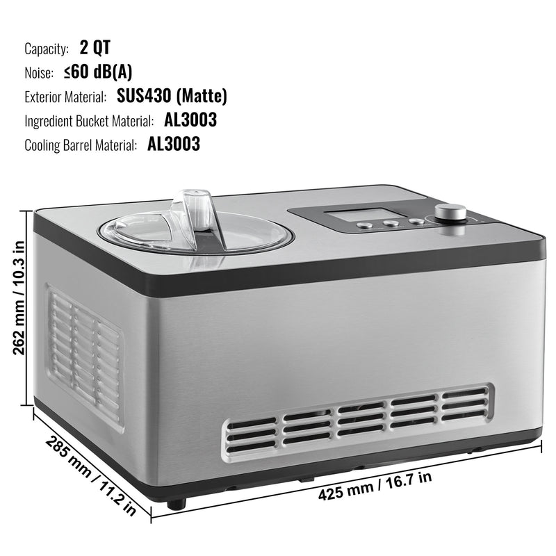 VEVOR 2 L Automātiskā Saldējuma Mašīna Jogurtam un Gelato, Elektriskā, Sudraba