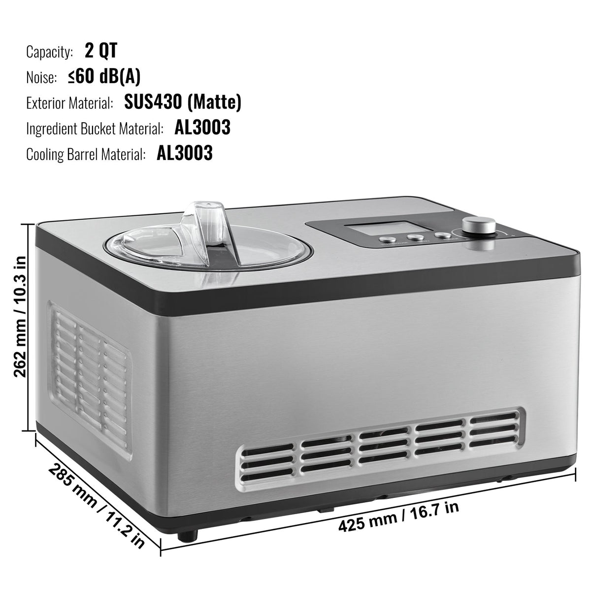 VEVOR Automatic Ice Cream Machine 2 L for Yogurt and Gelato, Electric, Silver