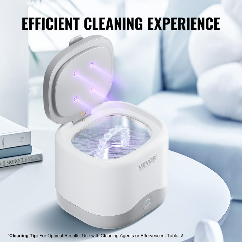 VEVOR ultraskaņas tīrītājs zobu protēzēm - 180 ml tīrīšanas ierīce ar UV dezinfekciju, piemērota kapēm un fiksatoriem