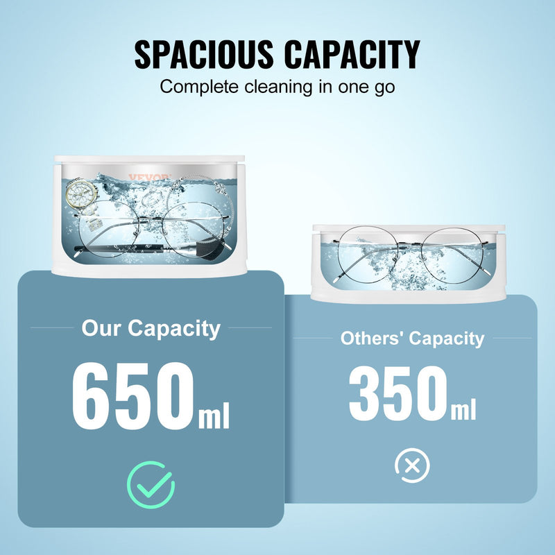 VEVOR portatīvais ultraskaņas rotaslietu tīrītājs - 650 ml (22 oz) ar skārienvadību
