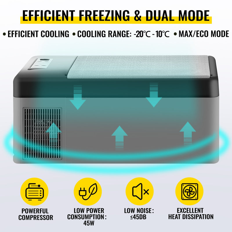 VEVOR automašīnas ledusskapis/saldētava 15L, 12V, -20℃ līdz 10℃,  ideāls risinājums automašīnām, kravas automašīnām, treileriem, laivām, kā arī lietošanai mājās vai āra aktivitātēs, piemēram, ceļojumos, makšķerēšanā un kempingā.