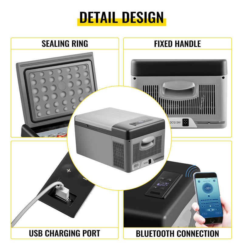VEVOR automašīnas ledusskapis/saldētava 15L, 12V, -20℃ līdz 10℃,  ideāls risinājums automašīnām, kravas automašīnām, treileriem, laivām, kā arī lietošanai mājās vai āra aktivitātēs, piemēram, ceļojumos, makšķerēšanā un kempingā.