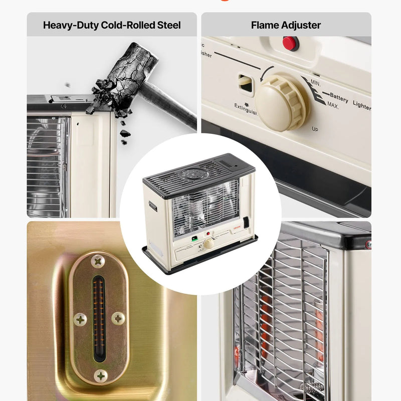 10 000 BTU iekštelpu un āra petrolejas sildītājs ar automātisku izslēgšanos, regulējamu liesmu un apgāšanās aizsardzību, pārnēsājams sildītājs mājai, garāžai, pagrabam, kempingam, darbnīcai un ārkārtas situācijām, melns