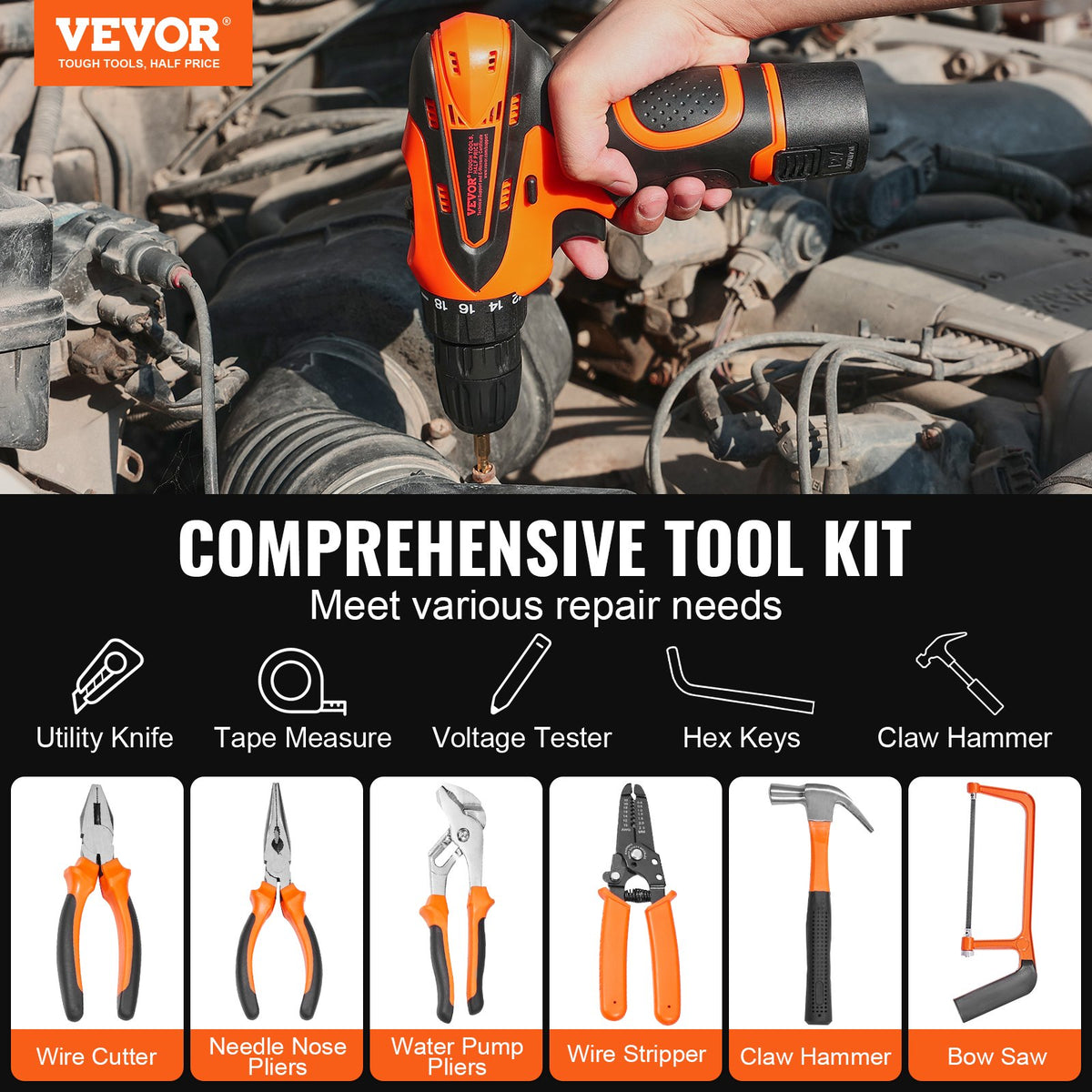 VEVOR Tool Set, 146 Pieces, Household Hand Tools with Electric Drill and Tool Box