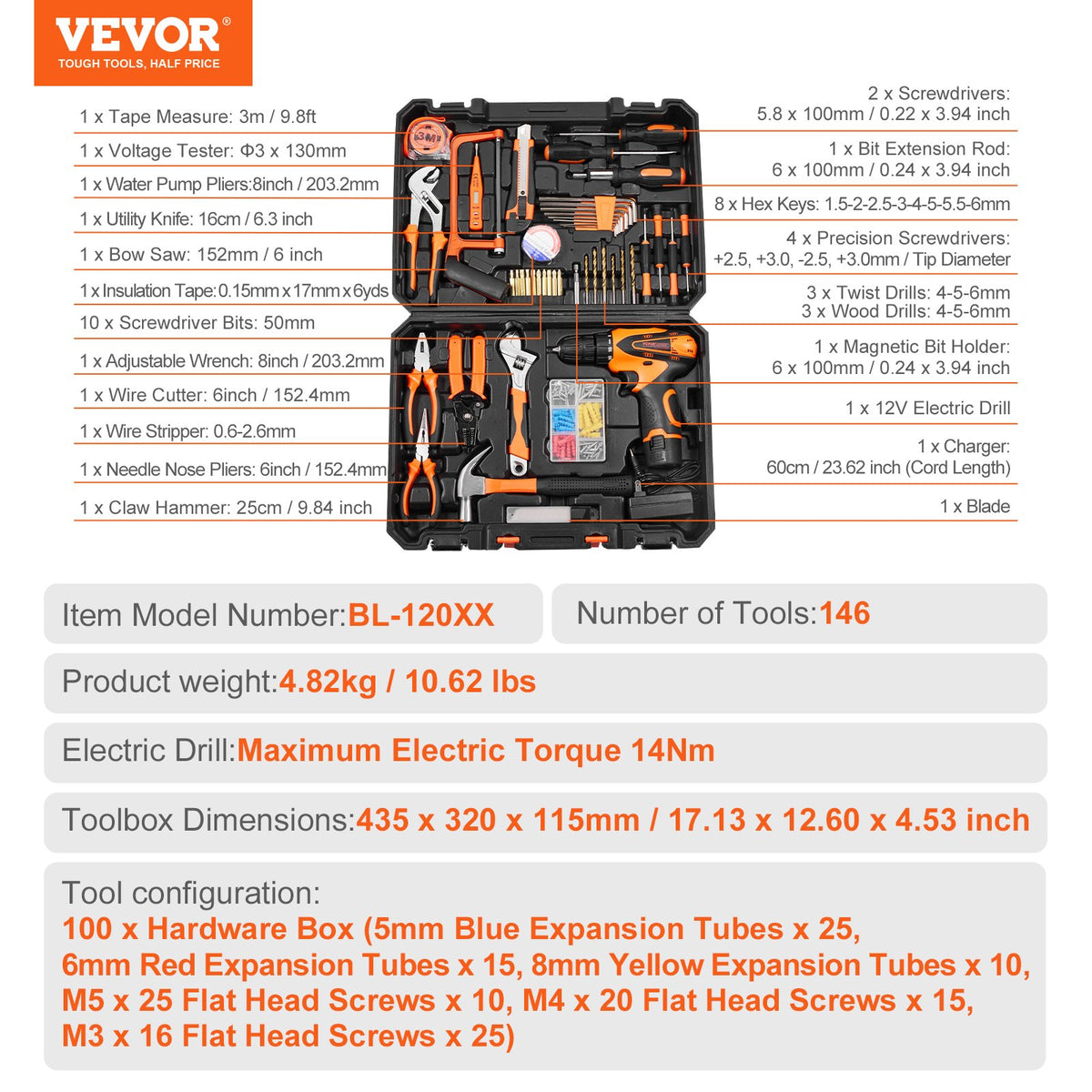 VEVOR Tool Set, 146 Pieces, Household Hand Tools with Electric Drill and Tool Box
