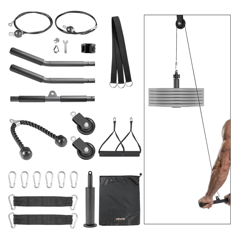 VEVOR trenažiera troses skriemeļu sistēma, 2 gab. LAT vilkšanas un pacelšanas skriemeļu komplekts ar divām tērauda trosēm, īso stieni un dubultajiem rokturiem, spēka treniņu kabelis bicepsam, pleciem un mugurai, slodze līdz 150 kg