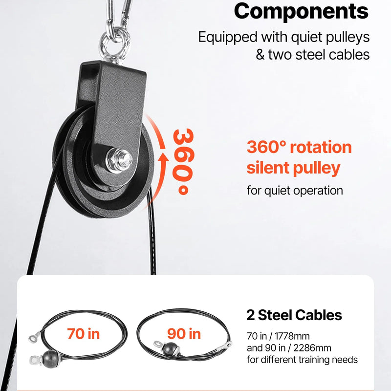 VEVOR trenažiera troses skriemeļu sistēma, 2 gab. LAT vilkšanas un pacelšanas skriemeļu komplekts ar divām tērauda trosēm, īso stieni un dubultajiem rokturiem, spēka treniņu kabelis bicepsam, pleciem un mugurai, slodze līdz 150 kg