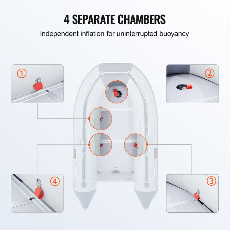 VEVOR 4-personu Piepūšamā Laiva ar Jūras Koka Grīdu un Alumīnija Airiem, 453,6 kg, ar Gaisa Sūkni un Pārnēsājamo Somu
