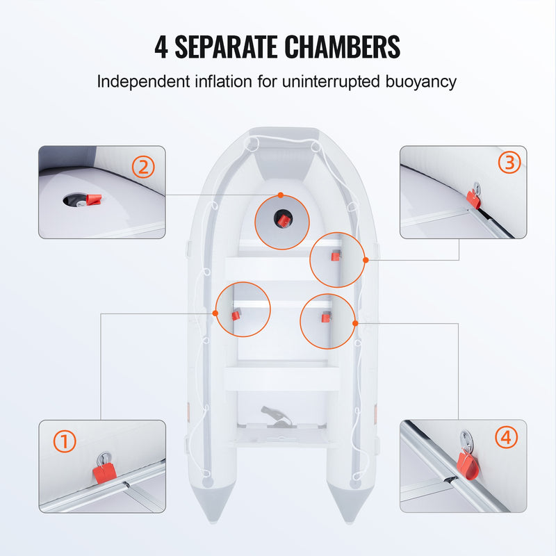 VEVOR 6-personu Piepūšamā Laiva ar Jūras Koka Grīdu un Alumīnija Airiem, 680 kg, ar Gaisa Sūkni un Pārnēsājamo Somu