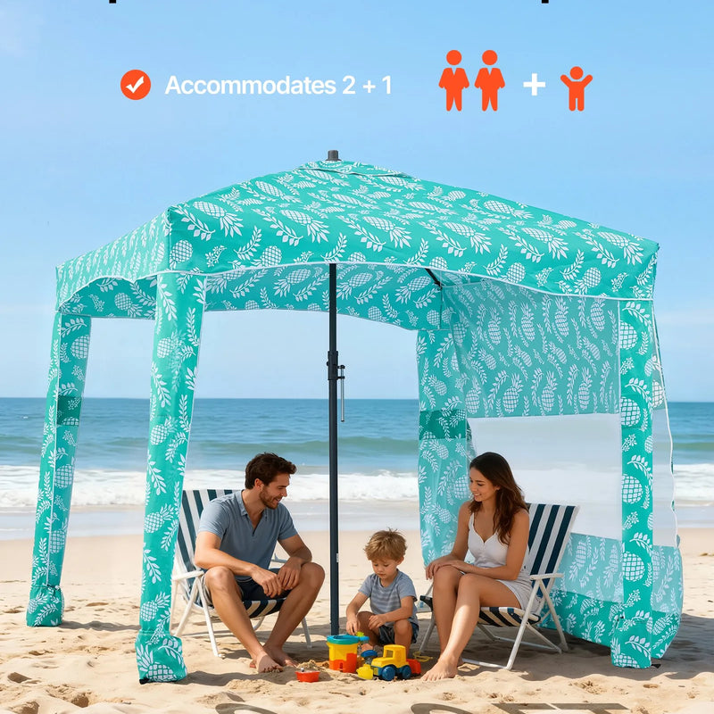 VEVOR pludmales kabāna, 1,83 × 1,83 m pludmales nojume ar sānu sienu, UPF 50+ aizsardzība, viegli uzstādamā kabānas telts ar smilšu kabatām, liela pārnēsājama saules aizsargu patversme āra lietošanai visai ģimenei un draugiem.