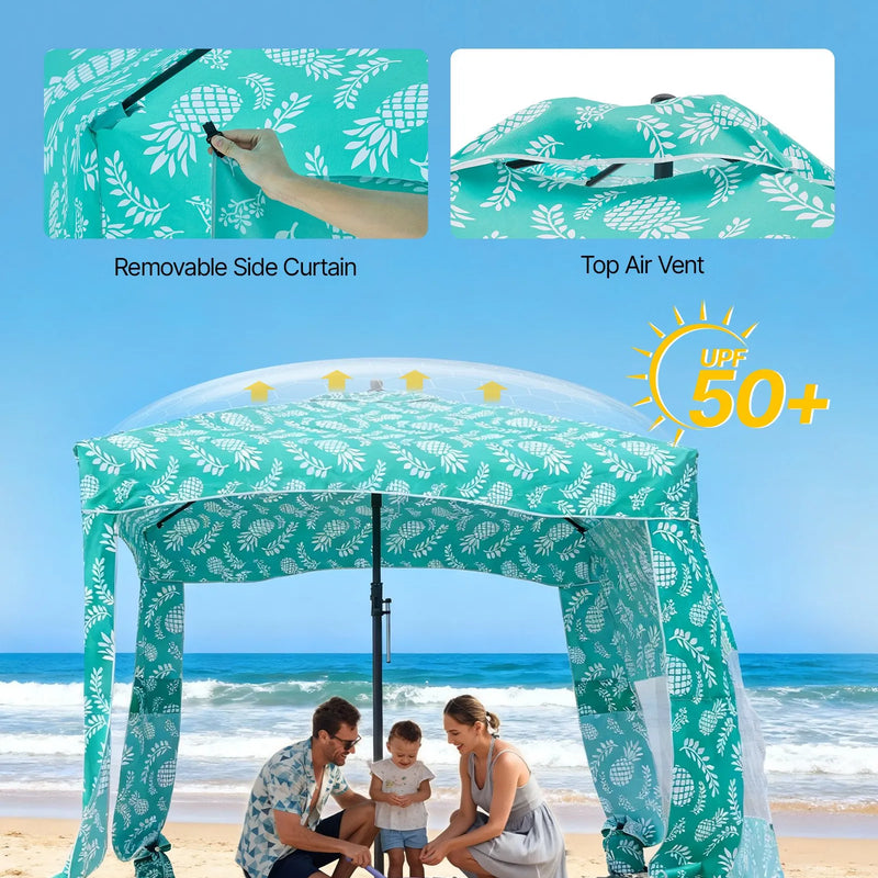 VEVOR pludmales kabāna, 1,83 × 1,83 m pludmales nojume ar sānu sienu, UPF 50+ aizsardzība, viegli uzstādamā kabānas telts ar smilšu kabatām, liela pārnēsājama saules aizsargu patversme āra lietošanai visai ģimenei un draugiem.