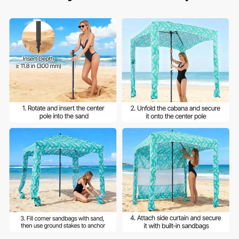 VEVOR pludmales kabāna, 1,83 × 1,83 m pludmales nojume ar sānu sienu, UPF 50+ aizsardzība, viegli uzstādamā kabānas telts ar smilšu kabatām, liela pārnēsājama saules aizsargu patversme āra lietošanai visai ģimenei un draugiem.