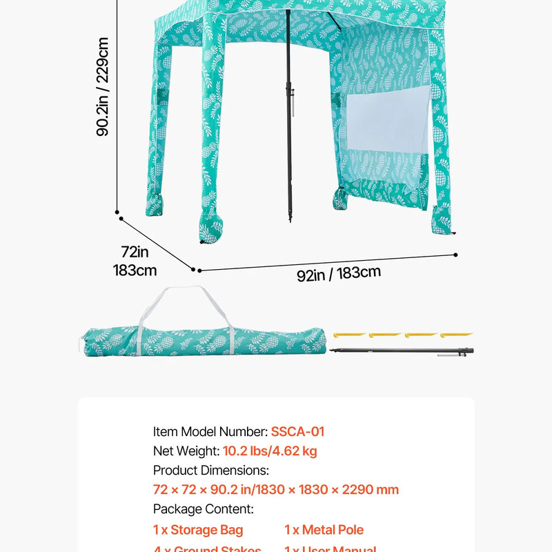 VEVOR pludmales kabāna, 1,83 × 1,83 m pludmales nojume ar sānu sienu, UPF 50+ aizsardzība, viegli uzstādamā kabānas telts ar smilšu kabatām, liela pārnēsājama saules aizsargu patversme āra lietošanai visai ģimenei un draugiem.