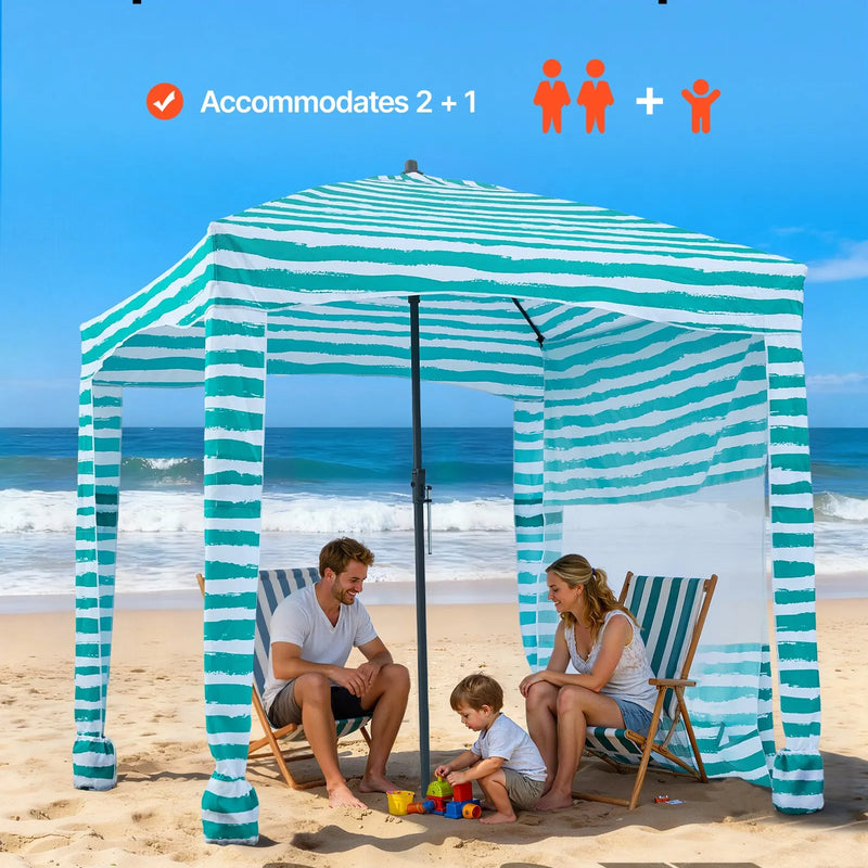 VEVOR pludmales kabīne 1,83 × 1,83 m ar sānu sienu, UPF 50+ aizsardzība, viegli uzstādāma pludmales nojume ar smilšu kabatām, pārnēsājama saulessarga tipa ēnas telts ģimenei un draugiem, zaļas svītras