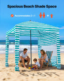 VEVOR pludmales kabīne 1,83 × 1,83 m ar sānu sienu, UPF 50+ aizsardzība, viegli uzstādāma pludmales nojume ar smilšu kabatām, pārnēsājama saulessarga tipa ēnas telts ģimenei un draugiem, zaļas svītras