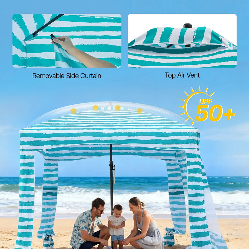 VEVOR pludmales kabīne 1,83 × 1,83 m ar sānu sienu, UPF 50+ aizsardzība, viegli uzstādāma pludmales nojume ar smilšu kabatām, pārnēsājama saulessarga tipa ēnas telts ģimenei un draugiem, zaļas svītras