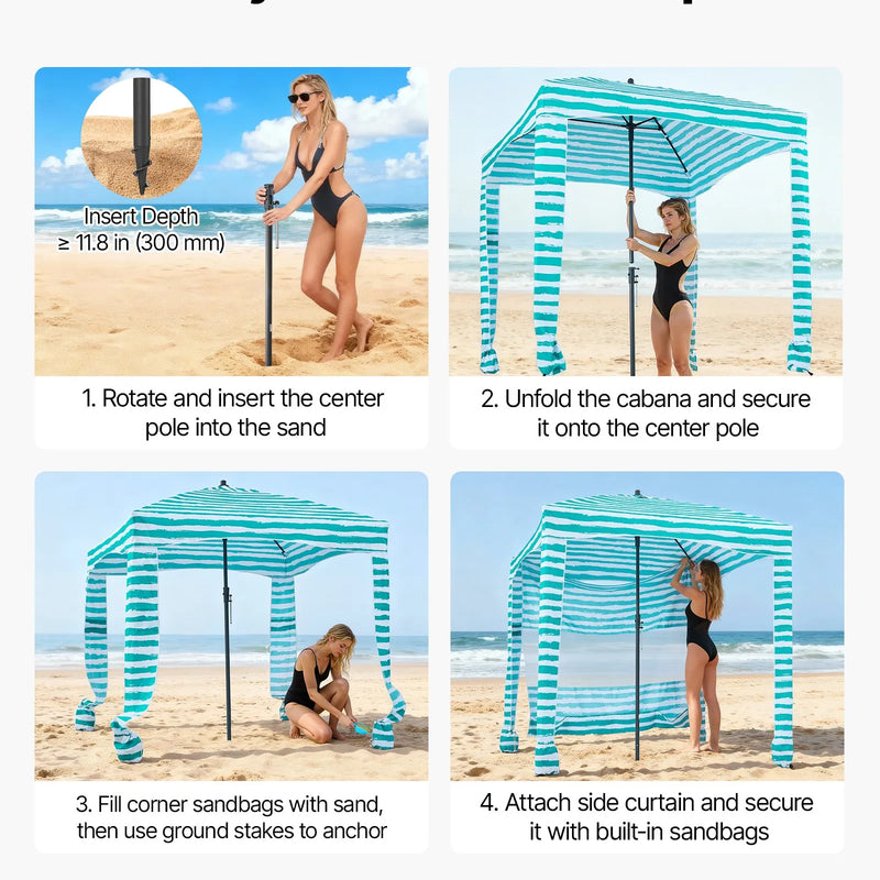 VEVOR pludmales kabīne 1,83 × 1,83 m ar sānu sienu, UPF 50+ aizsardzība, viegli uzstādāma pludmales nojume ar smilšu kabatām, pārnēsājama saulessarga tipa ēnas telts ģimenei un draugiem, zaļas svītras