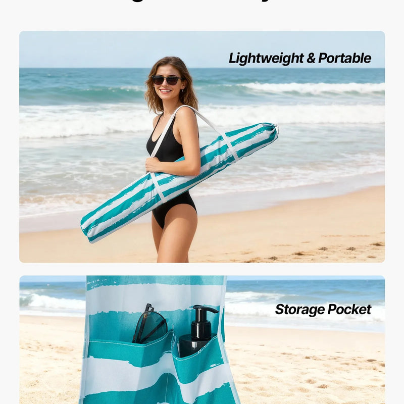 VEVOR pludmales kabīne 1,83 × 1,83 m ar sānu sienu, UPF 50+ aizsardzība, viegli uzstādāma pludmales nojume ar smilšu kabatām, pārnēsājama saulessarga tipa ēnas telts ģimenei un draugiem, zaļas svītras