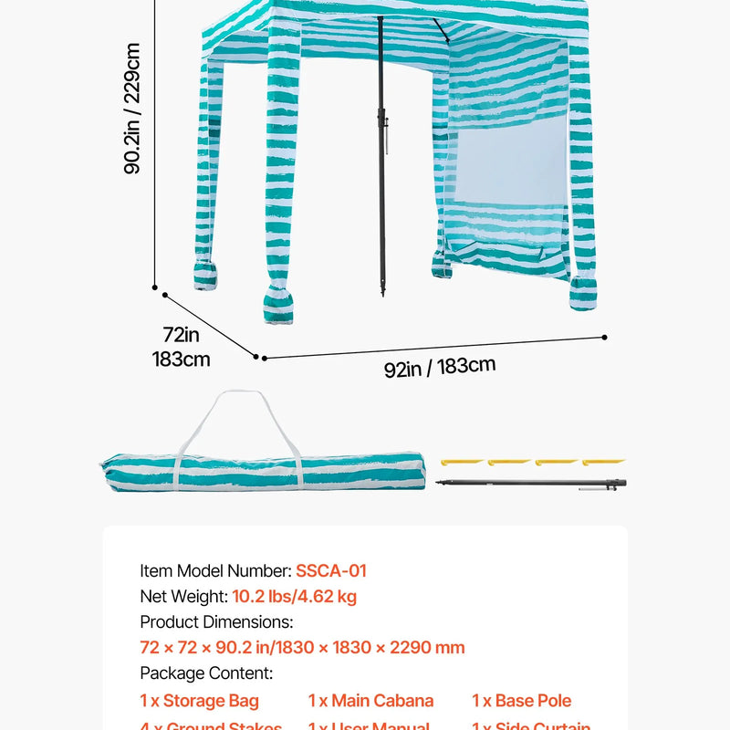 VEVOR pludmales kabīne 1,83 × 1,83 m ar sānu sienu, UPF 50+ aizsardzība, viegli uzstādāma pludmales nojume ar smilšu kabatām, pārnēsājama saulessarga tipa ēnas telts ģimenei un draugiem, zaļas svītras