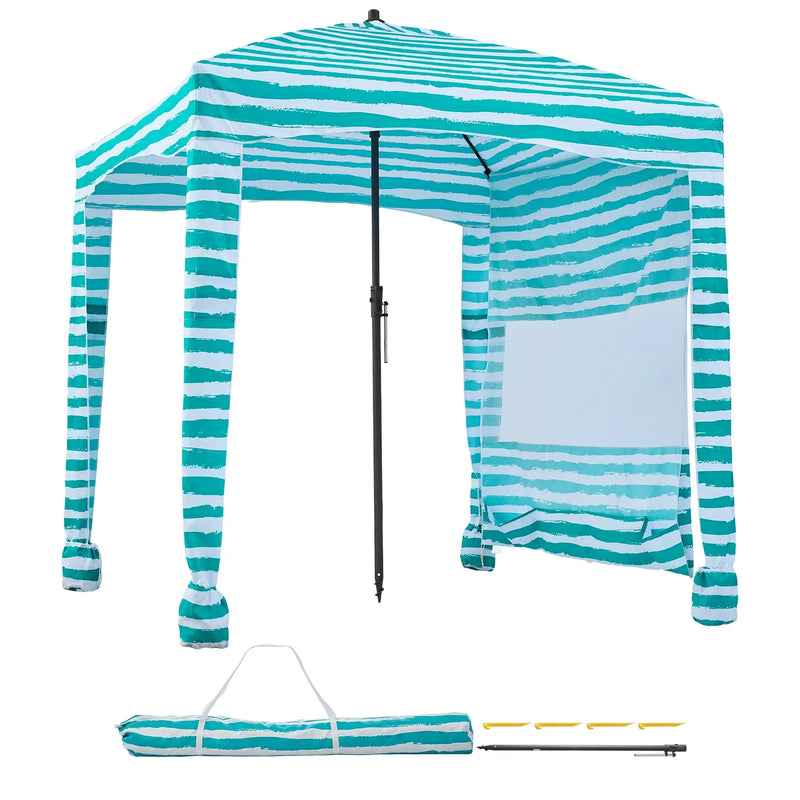 VEVOR pludmales kabīne 1,83 × 1,83 m ar sānu sienu, UPF 50+ aizsardzība, viegli uzstādāma pludmales nojume ar smilšu kabatām, pārnēsājama saulessarga tipa ēnas telts ģimenei un draugiem, zaļas svītras