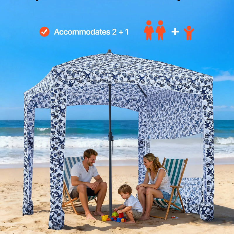 VEVOR pludmales kabāna, 1,83 × 1,83 m pludmales nojume ar sānu sienu, UPF 50+ aizsardzība, viegli uzstādamā kabānas telts ar smilšu kabatām, liela pārnēsājama saules aizsargu patversmes nojume visai ģimenei un draugiem.