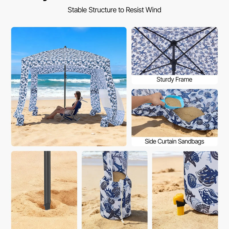 VEVOR pludmales kabāna, 1,83 × 1,83 m pludmales nojume ar sānu sienu, UPF 50+ aizsardzība, viegli uzstādamā kabānas telts ar smilšu kabatām, liela pārnēsājama saules aizsargu patversmes nojume visai ģimenei un draugiem.