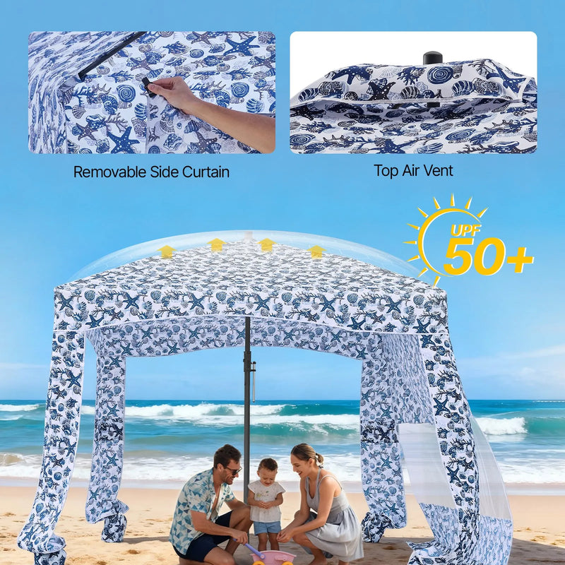 VEVOR pludmales kabāna, 1,83 × 1,83 m pludmales nojume ar sānu sienu, UPF 50+ aizsardzība, viegli uzstādamā kabānas telts ar smilšu kabatām, liela pārnēsājama saules aizsargu patversmes nojume visai ģimenei un draugiem.