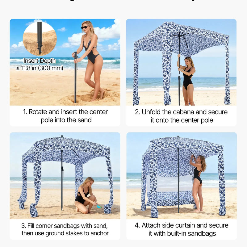 VEVOR pludmales kabāna, 1,83 × 1,83 m pludmales nojume ar sānu sienu, UPF 50+ aizsardzība, viegli uzstādamā kabānas telts ar smilšu kabatām, liela pārnēsājama saules aizsargu patversmes nojume visai ģimenei un draugiem.