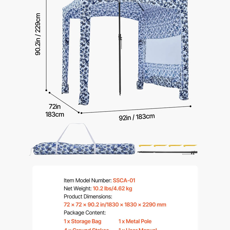 VEVOR pludmales kabāna, 1,83 × 1,83 m pludmales nojume ar sānu sienu, UPF 50+ aizsardzība, viegli uzstādamā kabānas telts ar smilšu kabatām, liela pārnēsājama saules aizsargu patversmes nojume visai ģimenei un draugiem.