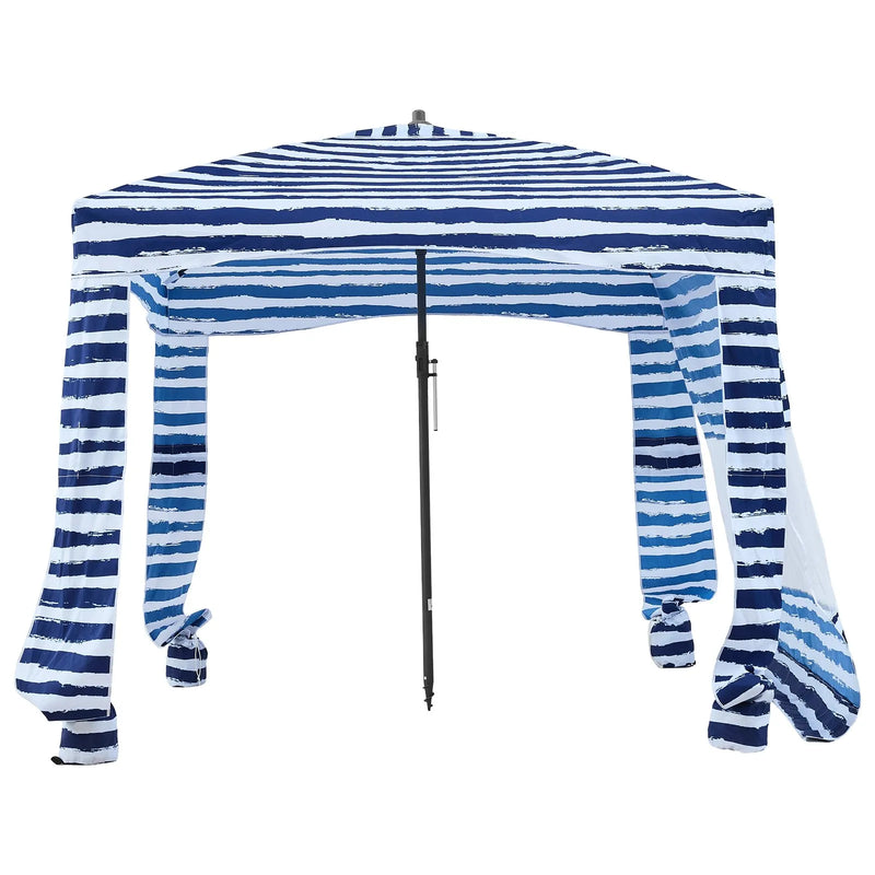 VEVOR pludmales kabāna, 1,83 × 1,83 m pludmales nojume ar sānu sienu, UPF 50+ aizsardzība, viegli uzstādamā kabānas telts ar smilšu kabatām, pārnēsājama saules aizsargu patversmes nojume visai ģimenei un draugiem, tumši zilu svītru dizainā.