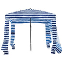 VEVOR pludmales kabāna, 1,83 × 1,83 m pludmales nojume ar sānu sienu, UPF 50+ aizsardzība, viegli uzstādamā kabānas telts ar smilšu kabatām, pārnēsājama saules aizsargu patversmes nojume visai ģimenei un draugiem, tumši zilu svītru dizainā.