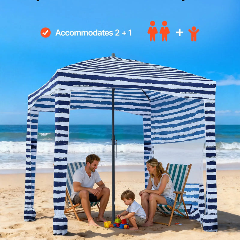VEVOR pludmales kabāna, 1,83 × 1,83 m pludmales nojume ar sānu sienu, UPF 50+ aizsardzība, viegli uzstādamā kabānas telts ar smilšu kabatām, pārnēsājama saules aizsargu patversmes nojume visai ģimenei un draugiem, tumši zilu svītru dizainā.